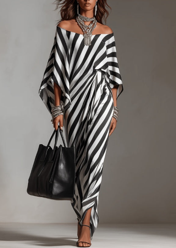 New Black And White Twill Fantasy Preface One Shoulder Wide Sleeve Robe Dress
