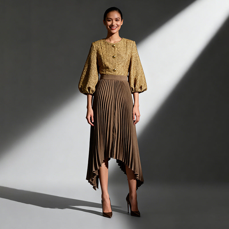 Arrival Fashionable Pleated Design Solid Color High-Waist Midi Skirt