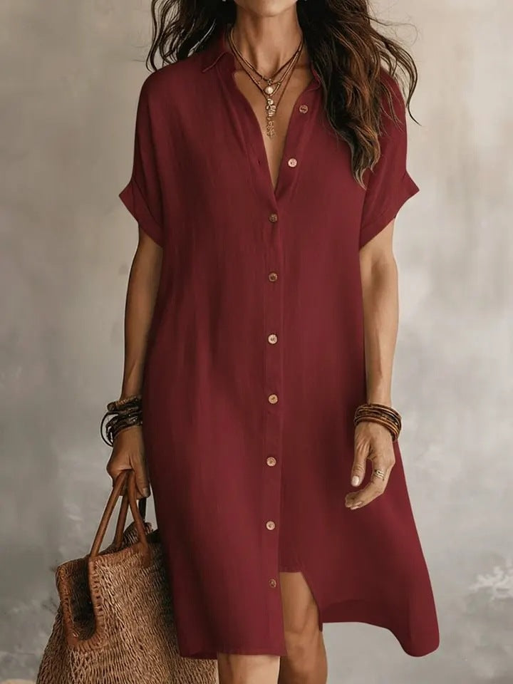 Casual Solid Color Short Sleeve Button Front Midi Dress