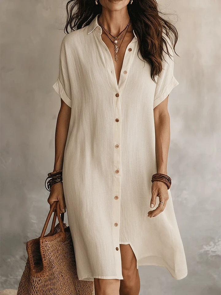 Casual Solid Color Short Sleeve Button Front Midi Dress