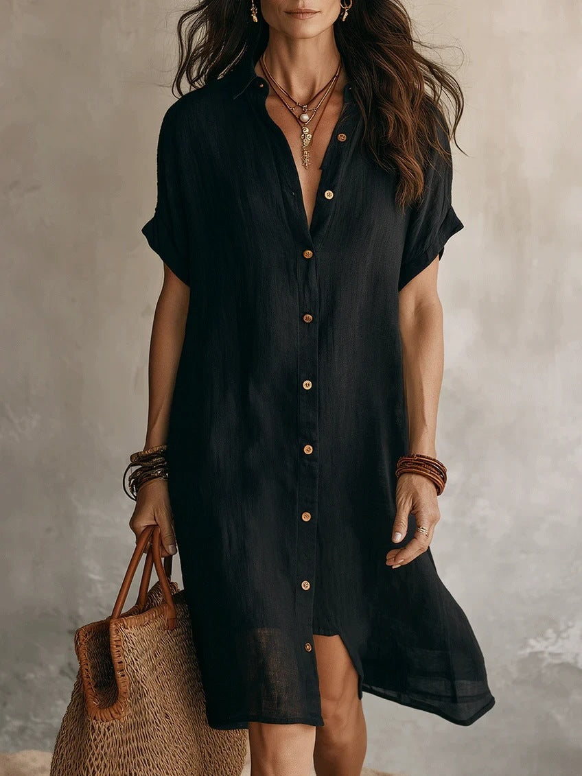 Casual Solid Color Short Sleeve Button Front Midi Dress