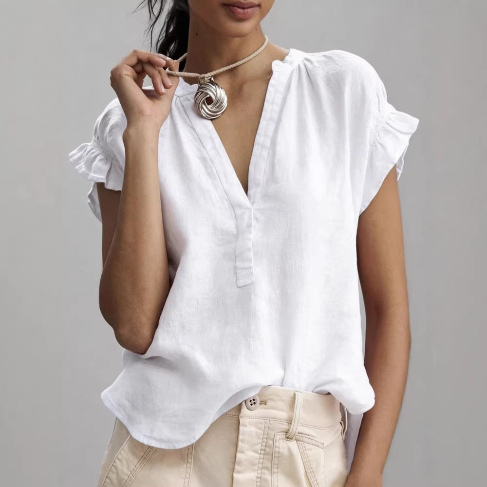 Women's Casual V-Neck Short-Sleeve Solid Color Cotton-Linen Top