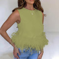 Women's Sleeveless Feather Vest T-Shirt With Back Zipper