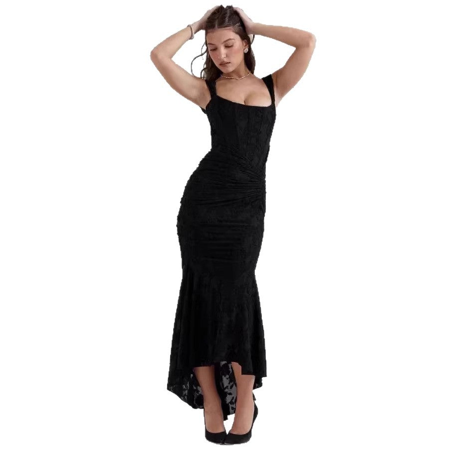Womens Solid-Colored Slim-Fit Sleeveless Fishtail Maxi Dress Banquet Evening Gown One-Piece Dress