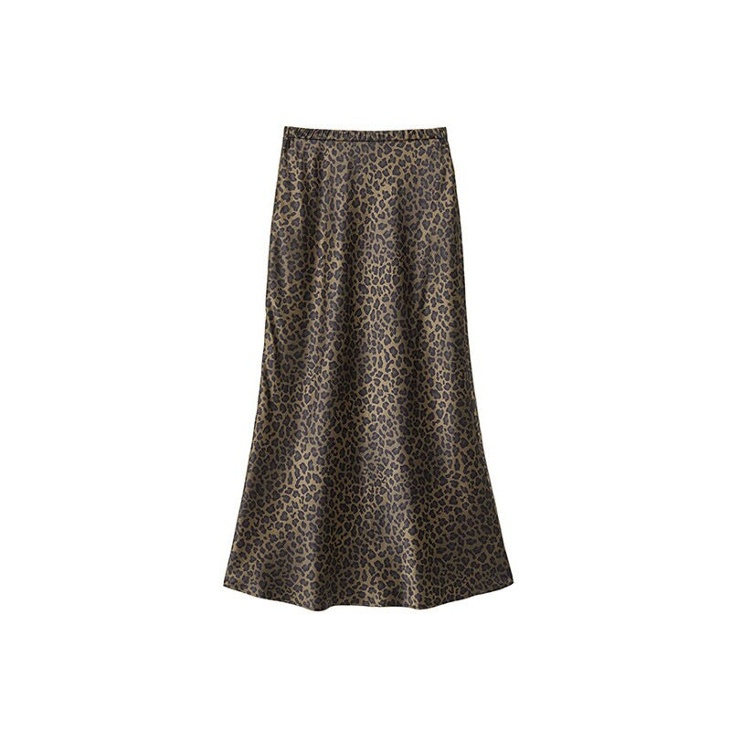 Copper-gold Leopard-print Plain Satin Faux-silk Midi Skirt